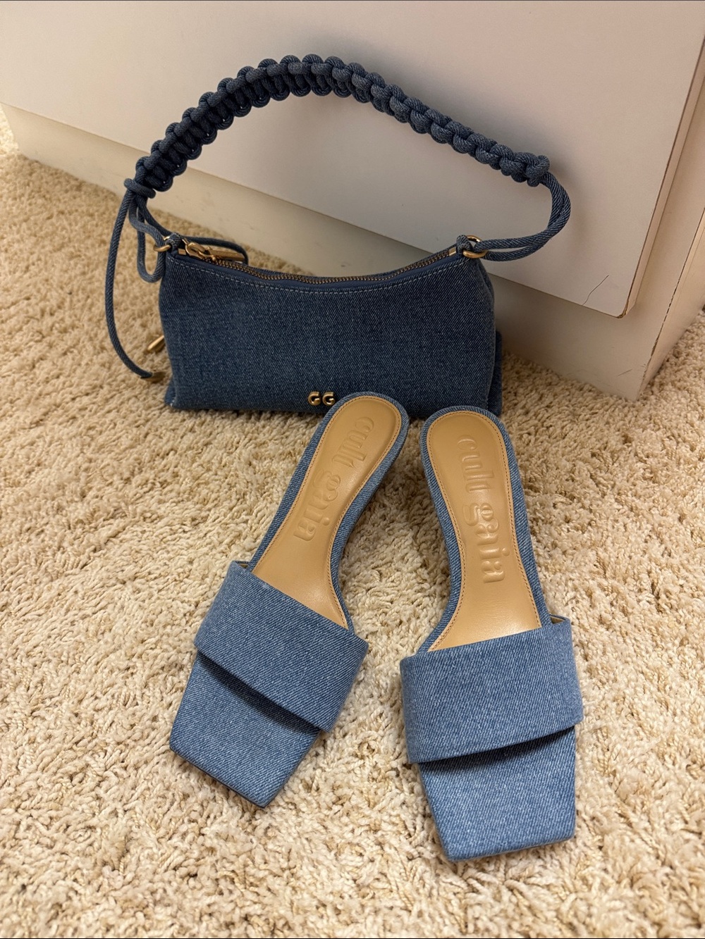 cult gaia Denim Square-Toe Slide Mules - Blue with matching cult Gaia bag